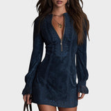 Veronika – Modra Suede Mini Obleka z Čipko