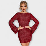 Klepet brez hrbta s bleščicami in dolgimi rokavi