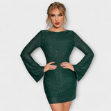 Klepet brez hrbta s bleščicami in dolgimi rokavi